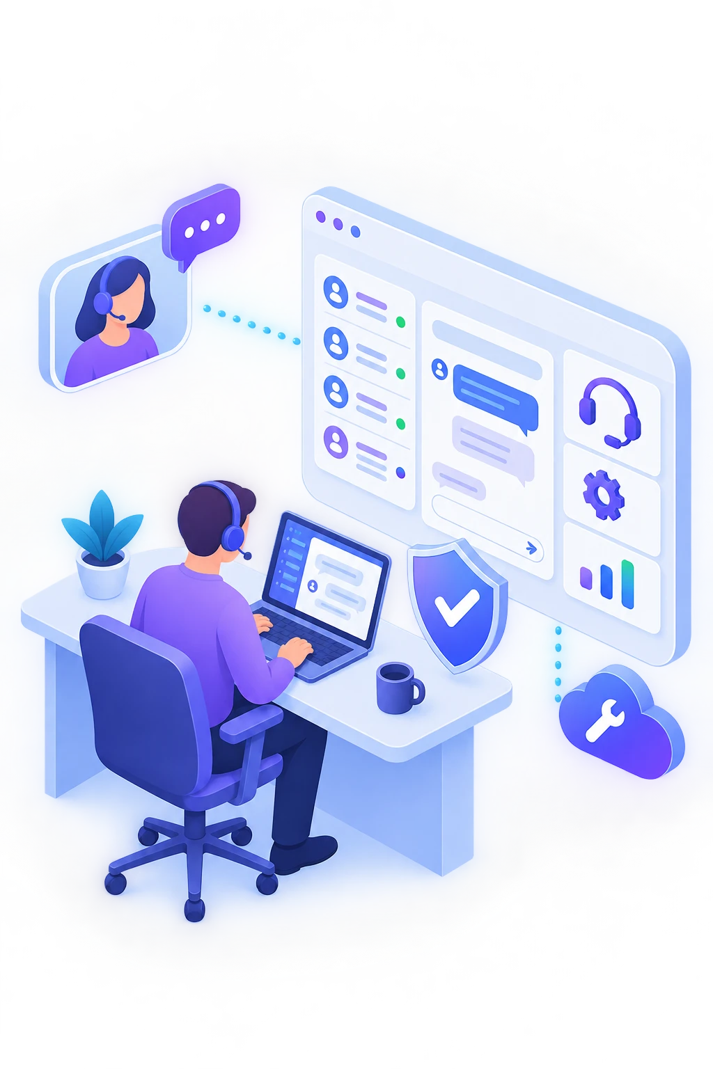 Support à distance : technicien avec casque, tickets, chat et connexion sécurisée